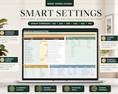 A laptop screen shows 'Smart Settings' for a real estate tracker, including workbook controls, display currencies, control lists, and checklist categories.
