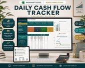 A desktop monitor shows a "Daily Cash Flow Dashboard Overview" in Excel, with a tablet displaying a smaller version, and a calculator and mug on the desk.