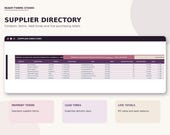 A screenshot of a digital spreadsheet titled "Supplier Directory" displaying columns for supplier ID, name, contact, email, payment terms, lead time, and total purchases.