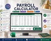 A desktop monitor displays an Excel payroll calculator with columns for regular pay, overtime, deductions, and net pay, next to a plant and a gold lamp.