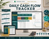 A desktop monitor and tablet display a green and white Excel spreadsheet titled "Daily Cash Flow Tracker," with a sample printout and calculator nearby.