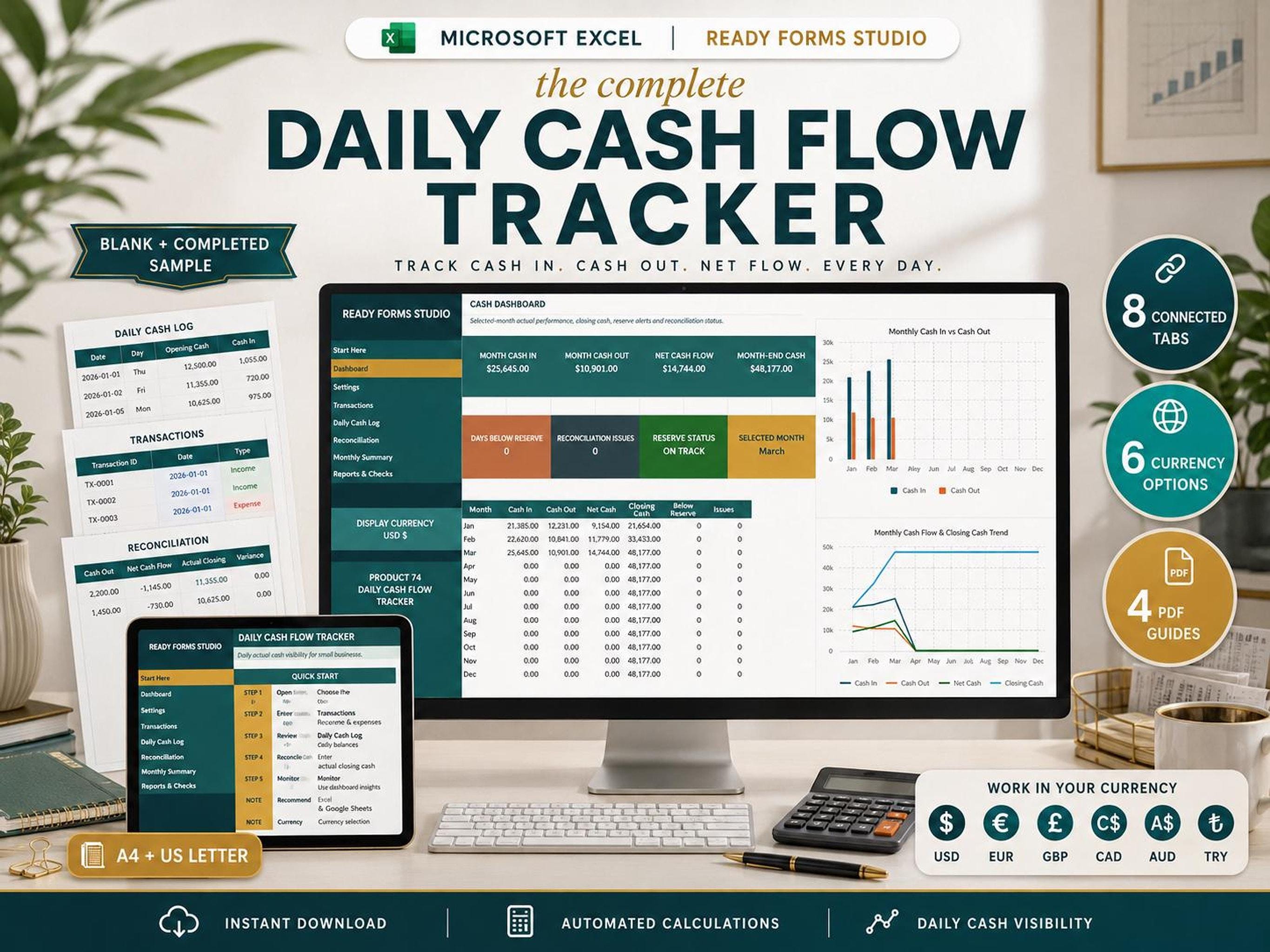 A desktop monitor and tablet display a green and white Excel spreadsheet titled "Daily Cash Flow Tracker," with a sample printout and calculator nearby.