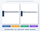 Two digital forms are displayed side-by-side, one for "Repair Estimate Builder" and the other for "Repair Order & Job Tracking," with text "Estimate -> Repair Order."
