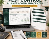 A laptop displaying a pest control business dashboard, surrounded by pest control forms, gloves, and spray bottles, on a dark green surface.
