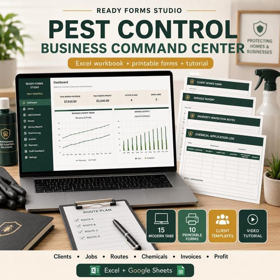 Pest Control Business Spreadsheet, Exterminator Job Tracker with Route Planner & Invoice Dashboard