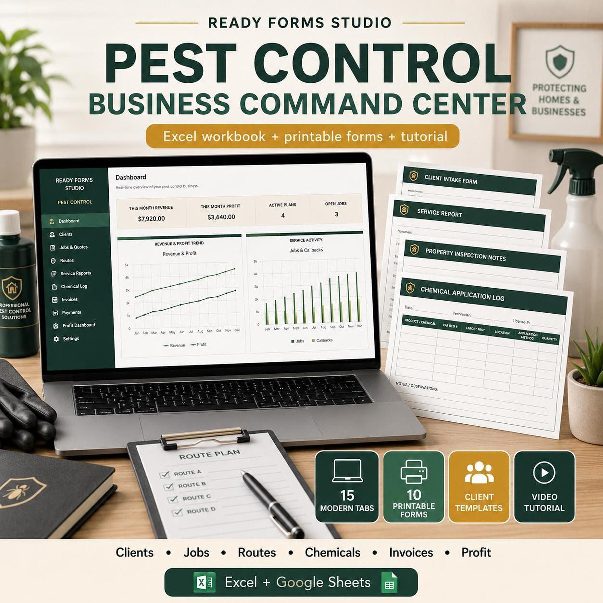 A laptop displaying a pest control business dashboard, surrounded by pest control forms, gloves, and spray bottles, on a dark green surface.