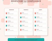 A screen displays three columns for "Inventory," "Renewals," and "Alerts," each with status indicators like "Active," "Due Soon," and "Low Stock."