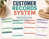 Four customer records and intake system forms displayed with icons highlighting client details, order history, and repeat orders.