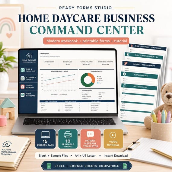 Home Daycare Business Spreadsheet, Attendance and Tuition Tracker for Excel & Google Sheets