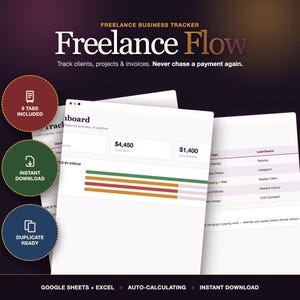May include: A digital freelance business tracker template titled Freelance Flow. The interface displays a dashboard with project status bars, financial totals of $4,450 and $1,400, and a client list. Includes three circular icons for 9 tabs, instant download, and duplicate ready features.
