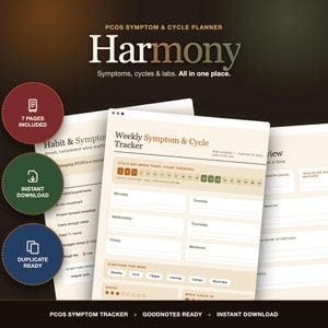 May include: A digital PCOS symptom and cycle planner titled Harmony, featuring a weekly tracker with sections for daily habits, symptoms, and mood. The layout includes cream-colored pages with brown text, organized fields for tracking, and three circular icons.