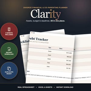 Modèle de feuille de calcul pour la planification du divorce | Suivi du partage des biens financiers | Budget de coparentalité | Liste de vérification juridique | Modèle Excel/Google Sheets