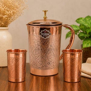 Mok van puur koper met deksel, gegraveerde koperen waterbeker, Ayurvedische drinkmok, handgemaakte koperen beker, wellnesscadeau