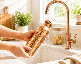 Ayurveda 100% Pure Hammered Copper Hammered Copper Water Bottle – Ayurvedic Detox Drinkware with Screw Lid Eco Friendly Drinking Bottle