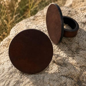 Pode incluir: Dois anéis de guardanapo circulares em couro castanho escuro com uma face de disco plana e lisa fixada a uma banda cilíndrica. O couro tem um acabamento mate com textura de grão visível e as bordas dos anéis são finalizadas num tom mais escuro.