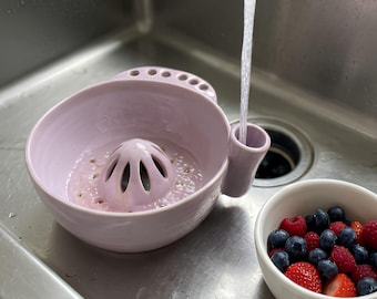 Handmade Purple Ceramic Fruit Strainer Bowl • Berry Rinser with Spout • Aesthetic Purple Berry Bowl • Pottery Kitchen Gift for Her