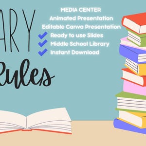 May include: A digital graphic titled LIBRARY RULES featuring a stack of colorful books and an open book. Text includes MEDIA CENTER, Animated Presentation, Editable Canva Presentation, Ready to use Slides, Middle School Library, and Instant Download.