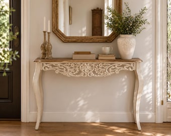 French Country Console Table | Antique White Entryway Table with Carved Details | 43.31" Sofa Table Behind Couch | Vintage Hallway Furniture