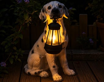 Dalmatiër puppybeeldje op zonne-energie met LED-lantaarn, tuindecoratie van hars, hondenornament voor buiten, decoratie voor terras en tuin, cadeau voor hondenliefhebbers