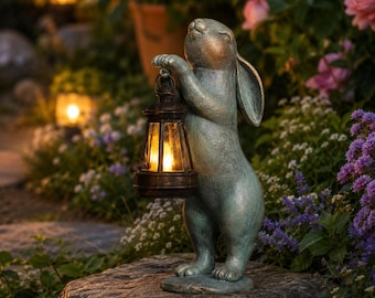 Estatua de conejo solar para jardín con farol, decoración solar de conejo para exteriores, adorno de jardín, decoración de patio, regalo para amantes de los animales