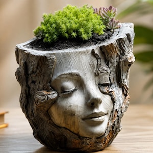 Peut inclure: Un pot de fleurs en résine grise en forme de souche d'arbre avec un visage humain aux yeux fermés et à l'expression sereine. L'extérieur présente une finition en écorce texturée. L'ouverture supérieure contient du terreau et une plante grasse.