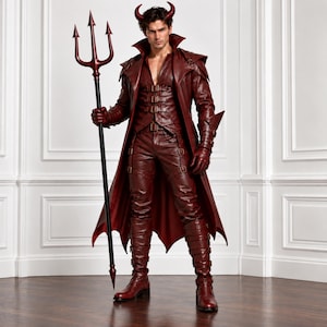 Puede incluir: Un disfraz de cuero rojo oscuro que incluye un abrigo largo con cuello alto, un chaleco con múltiples hebillas y pantalones a juego. El conjunto incluye guantes, botas altas con hebillas y un par de cuernos rojos. Un bastón negro con tridente.