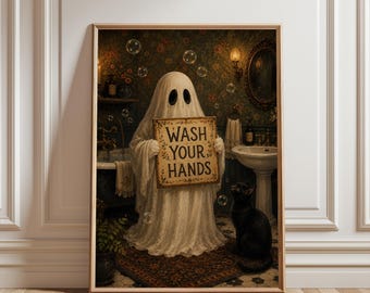 May include: A framed wall art print depicting a white ghost standing in a vintage bathroom, holding a wooden sign that reads WASH YOUR HANDS. A black cat sits nearby on a patterned rug, surrounded by floating bubbles in a dimly lit room.