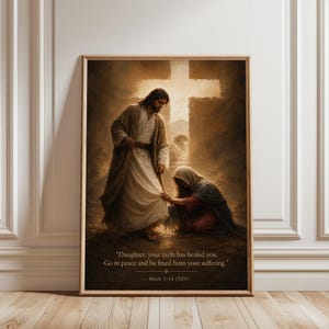Quadro da parete con Gesù che guarisce la donna, versetto biblico Marco 5:34, stampa di fede cristiana, decorazione religiosa con versetti biblici, regalo ispiratore con Gesù