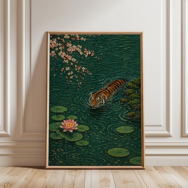 Japanese Tiger Swimming Poster, Lotus Pond, Cherry Blossom, Japandi Nature Art (Digital Download)
