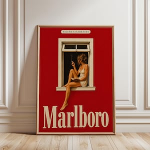 Vintage Marlboro-Zigarettenposter, Retro-Wandbild mit roter Tabakwerbung, Druck einer rauchenden Frau, Bar-Dekor im Mid-Century-Stil, 300 DPI