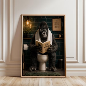 Gorilla på toaletten läser bokkonst, humoristisk primat badrumstryck (digital nedladdning)