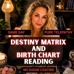 Könnte beinhalten: Eine digitale Service-Anzeige mit dem Text SAME DAY, PURE TELEPATHY, DESTINY MATRIX AND BIRTH CHART READING und NO SUGAR COATING. Das Bild zeigt eine Person mit blondem Haar, Tarotkarten und Kristallen auf einem dunklen Tisch.