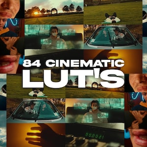 Peut inclure: Un collage numérique présentant diverses scènes cinématographiques, notamment une personne allongée sur l'herbe, l'intérieur d'une voiture, une plage et des gros plans de visages, avec le texte blanc 84 CINEMATIC LUT'S centré sur l'image.