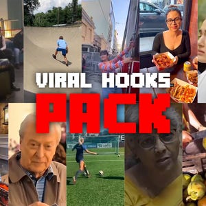 Può includere: Un collage digitale che presenta vari clip video tra cui persone, sport e cibo, sovrapposto al testo rosso in pixel "VIRAL HOOKS PACK" centrato al centro dell'immagine, mostrando una collezione diversificata di contenuti visivi.