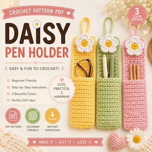 Crochet Daisy Pen Holder Pattern PDF, Beginner Friendly Bookmark Crochet (Instant Download)