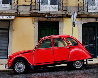 Lisbon vibrant red car, Portugal. Original Fine Art Street Photography. Lisboa vintage look