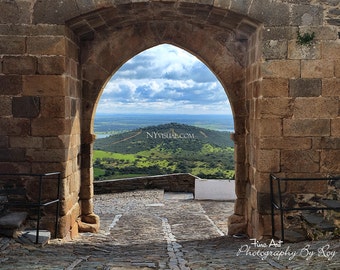 Castelo de Monsaraz - Portugal. Original Fine Art Photography. Lake and mountain view through the Fort&#39;s gate