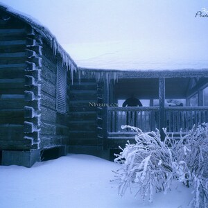 Man on Frozen Porch, Great Smoky Mountains National Park Cabin - Original Winter Landscape Photography, blue moody