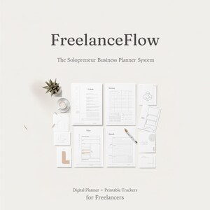 Könnte beinhalten: FreelanceFlow The Solopreneur Business Planner System digitaler Planer und druckbare Tracker für Freiberufler mit weißen Papierbögen mit schwarzem Text, einer kleinen Sukkulente, einer weißen Keramiktasse und einem Stift.