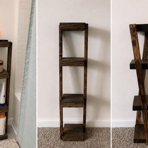 Peut inclure: Une étagère haute et étroite en bois brun foncé composée de quatre niveaux carrés reliés par des supports latéraux verticaux. La structure présente un design torsadé ou décalé, offrant un espace de rangement ouvert à chaque niveau.