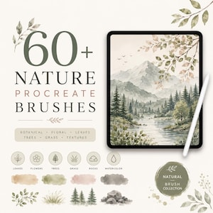 Può includere: Un set digitale di oltre 60 pennelli Procreate a tema naturale, con elementi botanici, floreali, foglie, alberi, erba e texture. L'immagine mostra un tablet con un paesaggio montano ad acquerello, uno stilo e vari campioni di pennellate.
