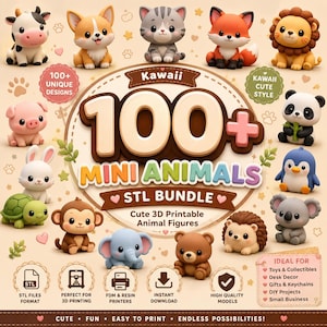May include: A digital graphic featuring the text 100+ MINI ANIMALS STL BUNDLE, surrounded by various small, stylized animal figures including a cow, dog, cat, fox, lion, pig, rabbit, turtle, monkey, elephant, bear, hedgehog, koala, panda, and penguin.