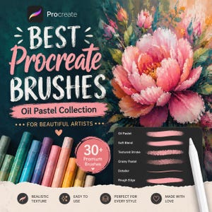 Puede incluir: Un set de arte digital para Procreate con el texto BEST Procreate BRUSHES Oil Pastel Collection. La imagen muestra una pintura de una flor rosa grande, una fila de pasteles al óleo coloridos, un menú de trazos y un lápiz óptico blanco sobre fondo oscuro.