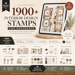 May include: A digital bundle of 1900+ interior design stamps for Procreate, displayed on a tablet screen showing a floor plan. The graphic includes categories like furniture, floor plans, room layouts, lighting, decor, plants, and architectural elements.