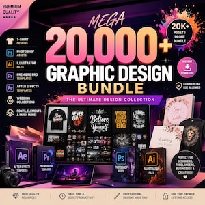 Op de afbeelding: Een digitale advertentie voor een grafisch ontwerppakket met de tekst 20,000+ GRAPHIC DESIGN BUNDLE. De afbeelding toont diverse softwarepictogrammen, t-shirtontwerpen, trouwkaarten en sjablonen voor Photoshop, Illustrator, Premiere Pro en After Effects.