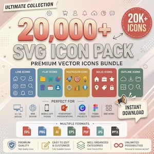 May include: A digital graphic advertisement for a 20,000+ SVG icon pack. The text reads Ultimate Collection, 20,000+ SVG Icon Pack, Premium Vector Icons Bundle, and Instant Download. It displays various icon styles, file formats, and software logos.