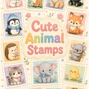 Può includere: Una collezione di illustrazioni di francobolli rettangolari raffiguranti un coniglio, un cervo, un cucciolo, un panda, un pinguino, una volpe, un riccio, un koala, un gattino, un elefante, un pulcino, un orso, una pecora, una tartaruga e un leone.