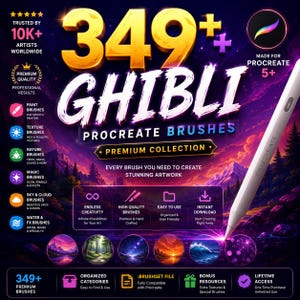 May include: A digital collection of 349+ Ghibli-inspired Procreate brushes featuring a variety of categories including paint, texture, nature, magic, sky, cloud, water, and special effects, displayed with a stylus on a dark purple background.