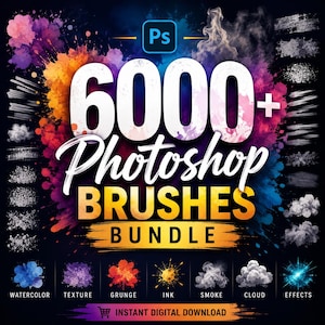 May include: A digital bundle of 6000+ Photoshop brushes featuring a colorful watercolor background. The text reads 6000+ Photoshop BRUSHES BUNDLE with icons for watercolor, texture, grunge, ink, smoke, cloud, and effects, plus instant digital download.