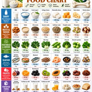 May include: A high calcium food chart infographic titled "HIGH CALCIUM FOOD CHART" featuring categories like dairy, nuts, seeds, vegetables, seafood, fruits, fortified foods, and legumes with specific calcium content listed in milligrams and ounces.